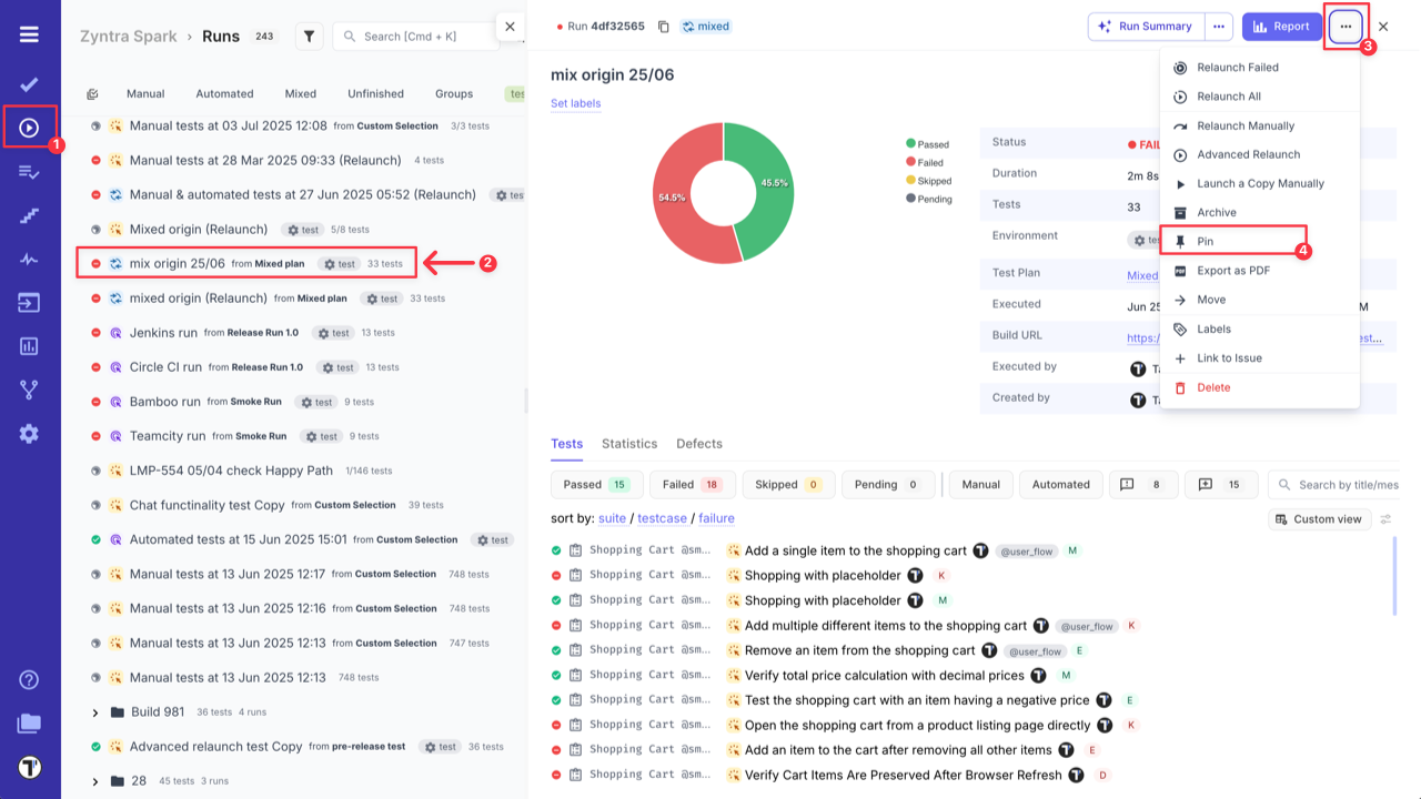 Testomat.io - Pin a Run Detailed Menu view
